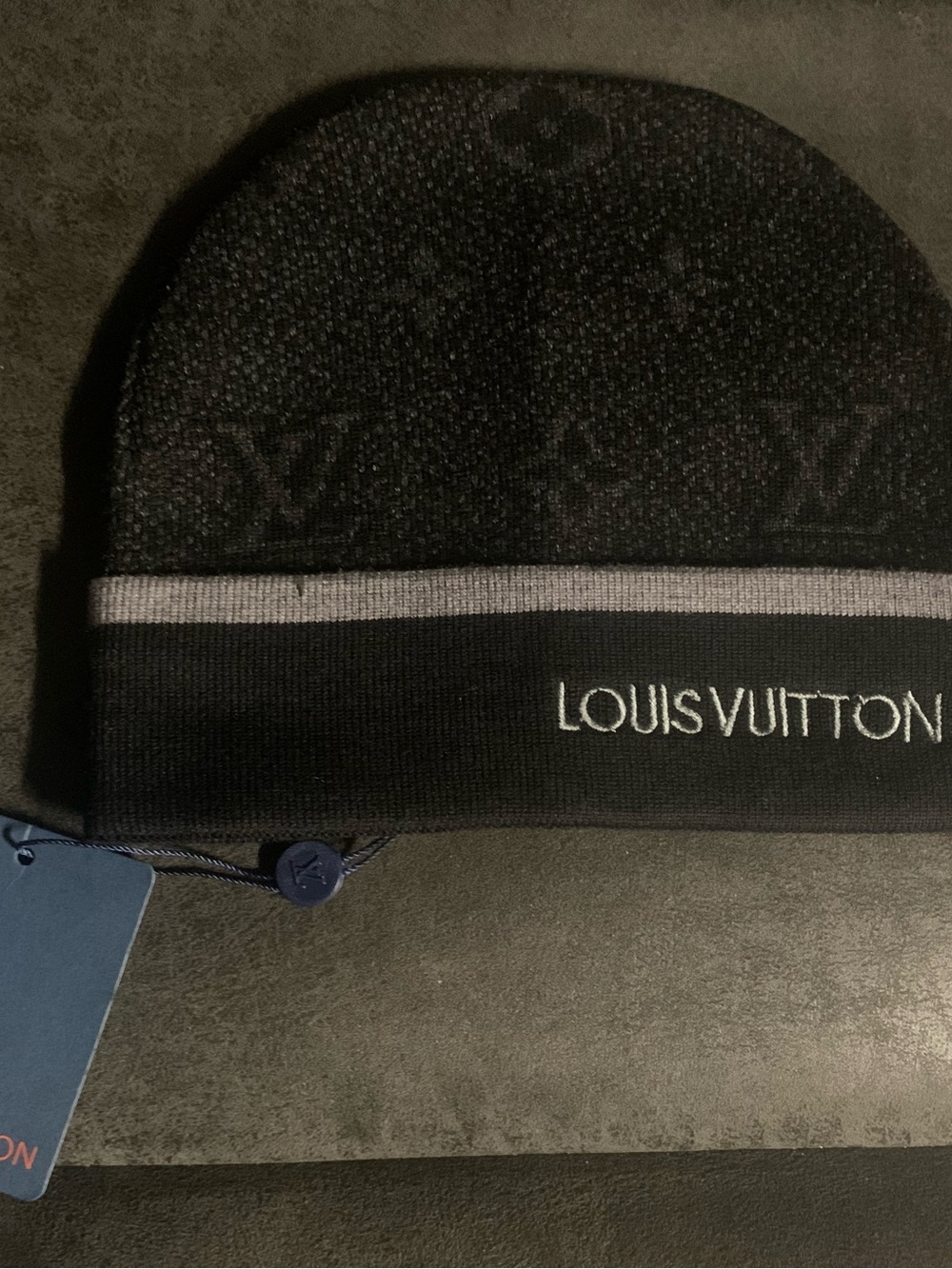 Louis Vuitton Black Knit Monogram Fold-Over Beanie with White Stripe